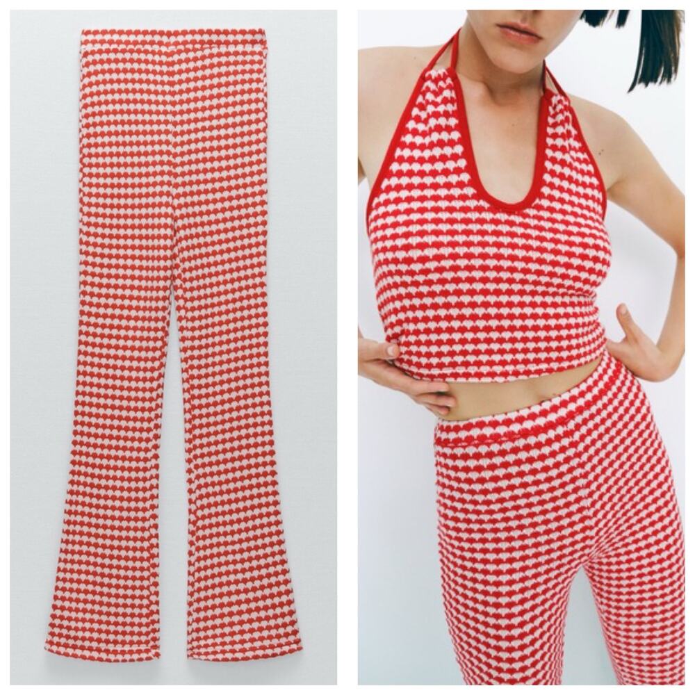 ZARA High Waisted Gingham Plaid Groovy Knit Flare Legging Pants Small Red White